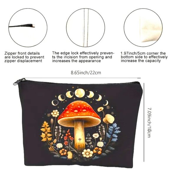 Cosmetic Bag Makeup Mushroom Moon Clutch Pouch Travel Storage Wonderland Trip - Picture 4 of 4